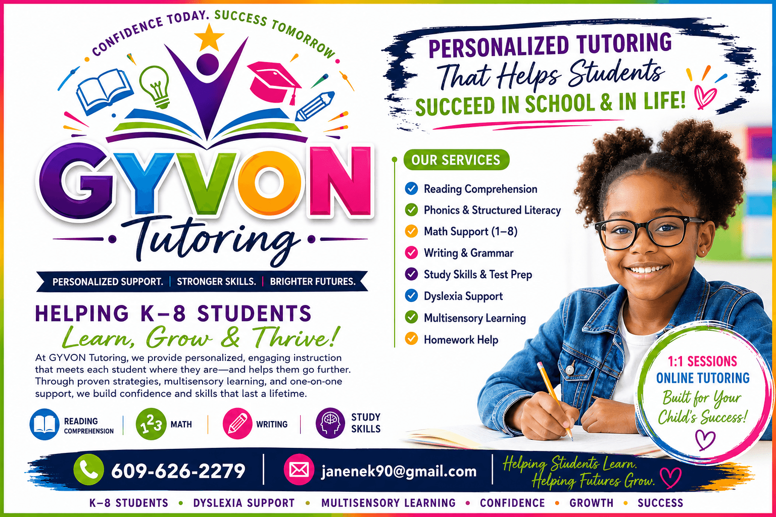 Smiling girl with glasses writing at desk, promotional flyer for tutoring services, colorful text and icons, contact info included.