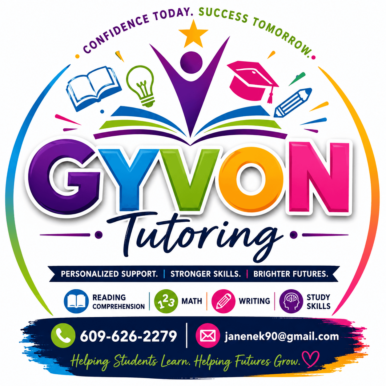 Logo for GYVON Tutoring with colorful text, icons of books, lightbulb, graduation cap, and writing tools, and contact info.