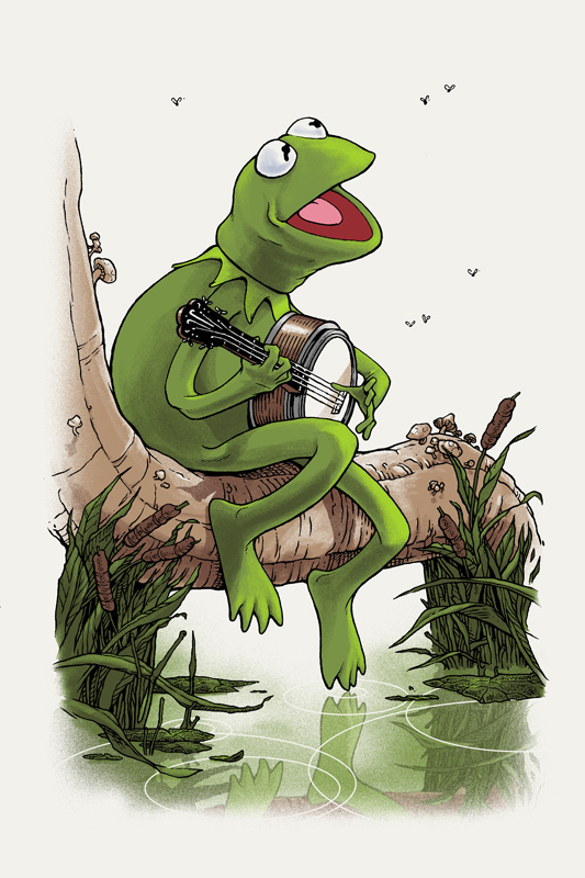 Kermit the Frog sitting on a tree branch playing a banjo near water, with birds flying in the background.