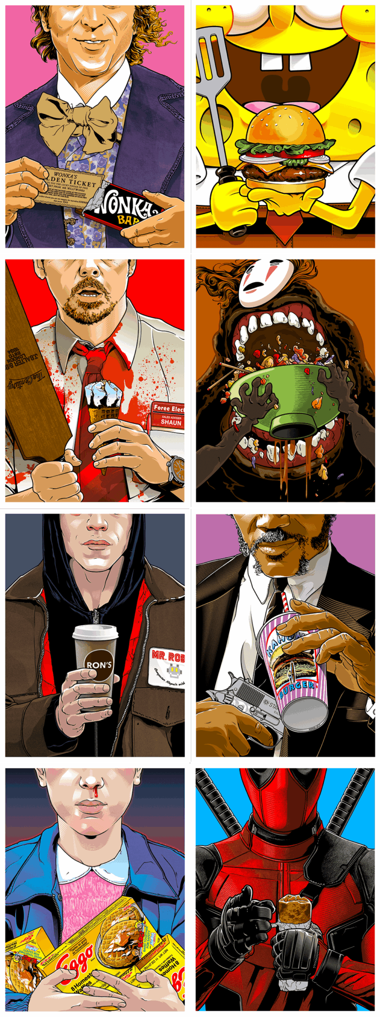 Collage of eight cartoon characters, including a man with a bow tie, a yellow creature with a burger, a man with a drink, a monster, a woman with a phone, a man with a drink, a woman with a burger, and Deadpool holding guns.