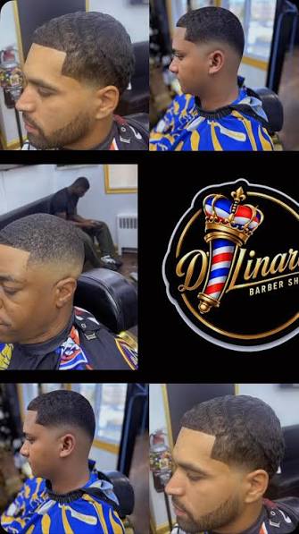 Six images of a man with a fresh haircut, showing different angles and a barber shop logo, with a person in the background.